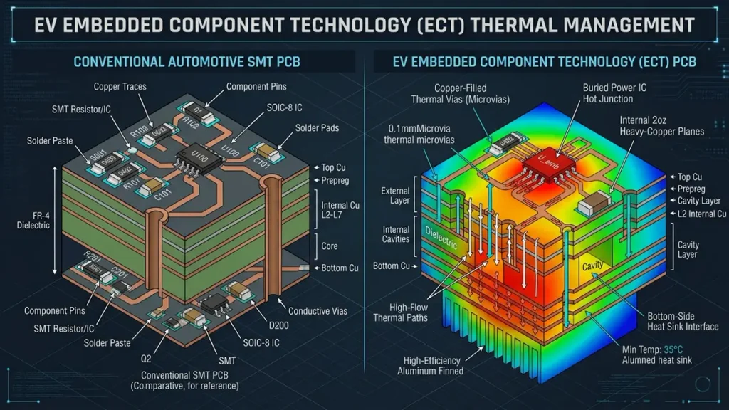 Thermal management analysis of EV embedded component PCB showing heat dissipation from buried active IC through copper microvias to bottom heat sink