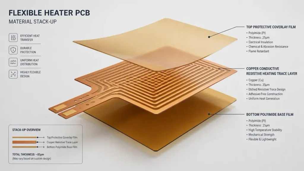 Exploded 3D structural stack-up diagram of custom Flexible Heater PCB showing polyimide base film, copper heating trace, and coverlay layer