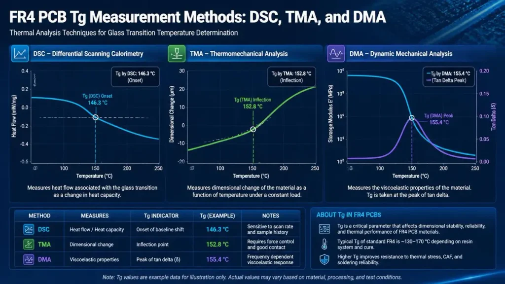 Infographic showing FR4 PCB Tg test method differences between DSC (146.3°C), TMA (152.8°C), and DMA (155.4°C) curves with heat flow, dimensional change, and viscoelastic properties table by Shenzhen Hongda Circuit Technology Co., Ltd.