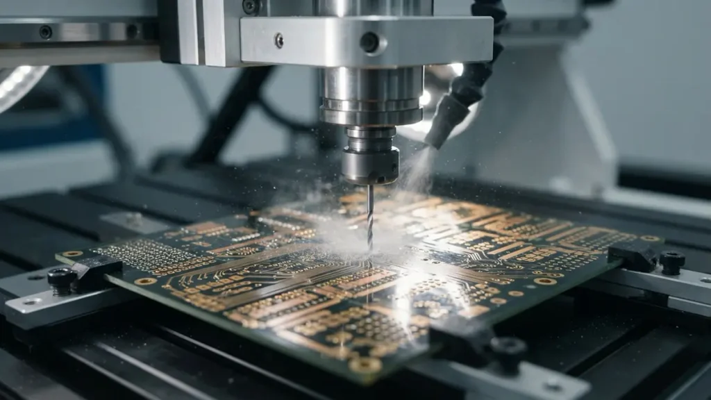 High-precision CNC drilling machine processing holes into a glass epoxy PCB panel during manufacturing.