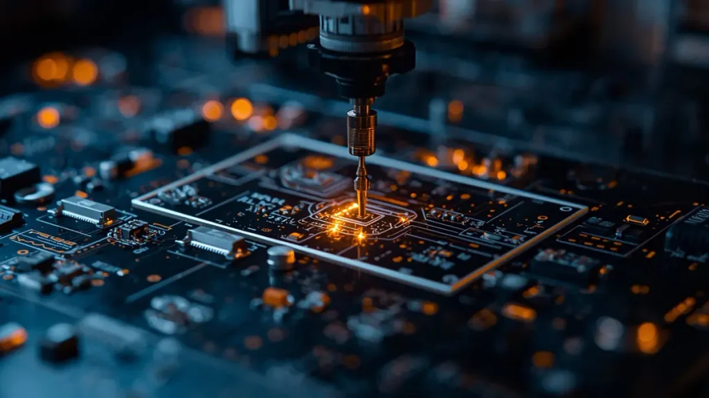 A precision CNC drilling machine working on a high-density glass epoxy circuit board during advanced electronics fabrication