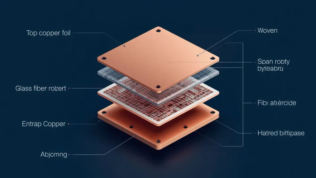 3D exploded view of a glass epoxy PCB layer stack-up showing copper foil, woven glass fiber mesh, and epoxy prepreg substrate.