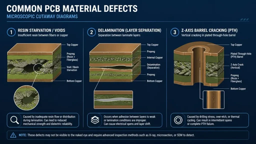 Technical infographic diagram of glass epoxy PCB material defects showing resin starvation, layer delamination, and Z-axis PTH barrel cracking.
