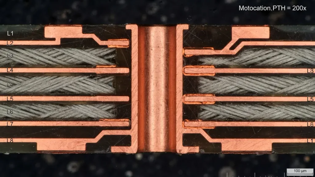 Microscopic cross-section view of a multilayer glass epoxy PCB showing inner copper layers, glass fiber weave, and plated through-hole quality.