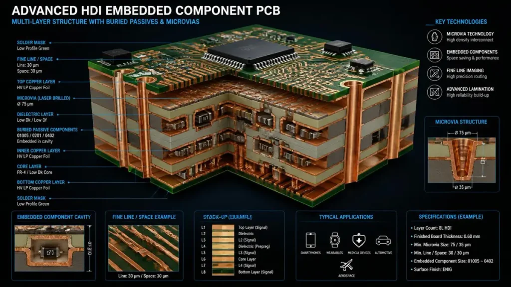 3D cross-section diagram of an advanced HDI embedded component PCB showing buried passive components, microvias, and internal cavities