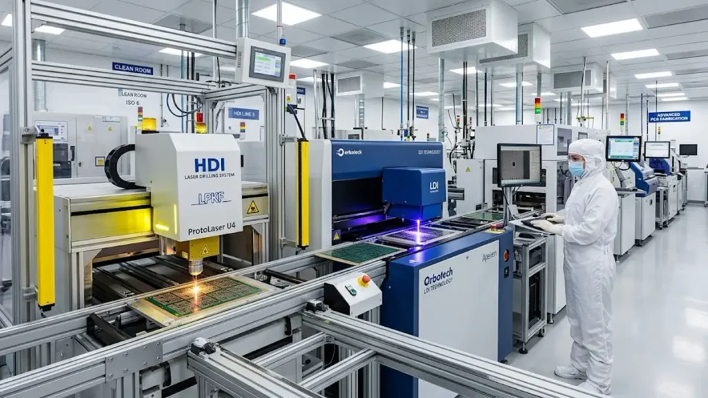 Modern industrial cleanroom manufacturing line featuring high-density interconnect (HDI) laser drilling equipment and Laser Direct Imaging (LDI) technology for precision embedded passive PCB fabrication.