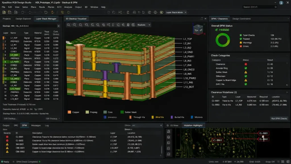 Close-up view of PCB CAD software showing 3D stackup and DFM checks for an HDI PCB prototype project