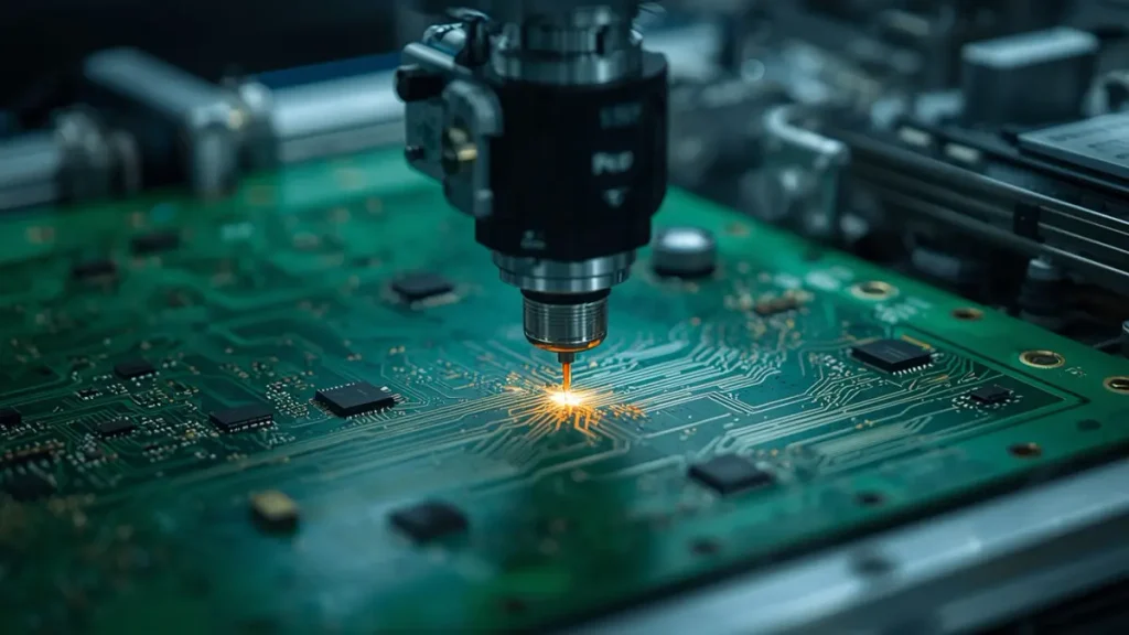 High-tech laser drilling machine working precisely on an HDI PCB prototype circuit board in a precision manufacturing facility