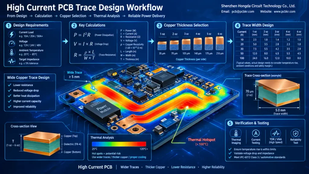 Technical diagram of High Current PCB trace width design workflow showing power calculation formulas, 1oz to 6oz copper thickness selection, trace cross-section measurements, and thermal heat mapping by Shenzhen Hongda Circuit Technology Co., Ltd.