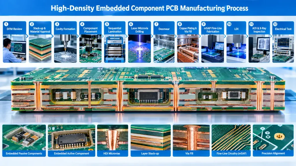 High-Density Embedded Component PCB manufacturing process with HDI microvias, embedded components, mSAP and cavity formation