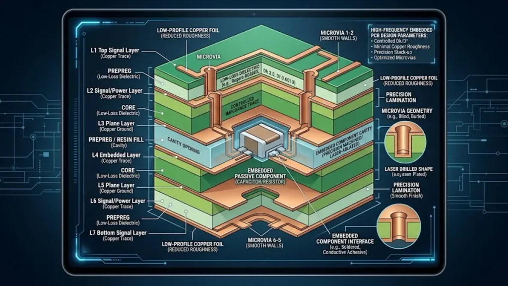 High-Frequency Embedded PCB Stack-Up and Internal Cavity Cross-Section
