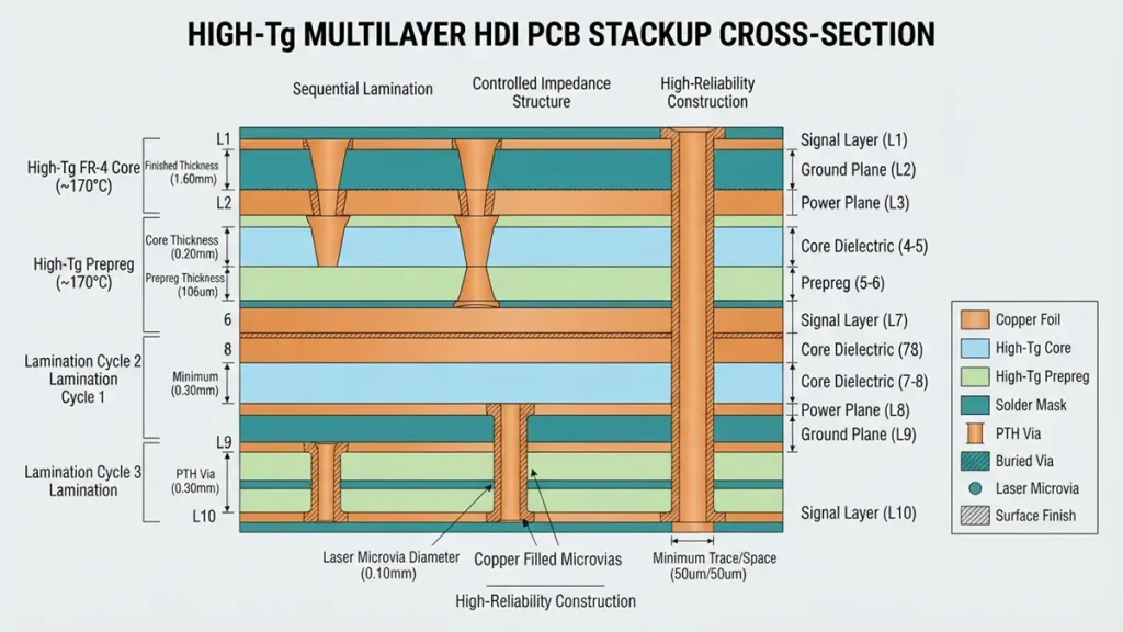 Detailed engineering cross-section graphic of a high-Tg multilayer HDI PCB stackup showing copper layers, core dielectric, prepreg, laser microvias, and sequential lamination details.