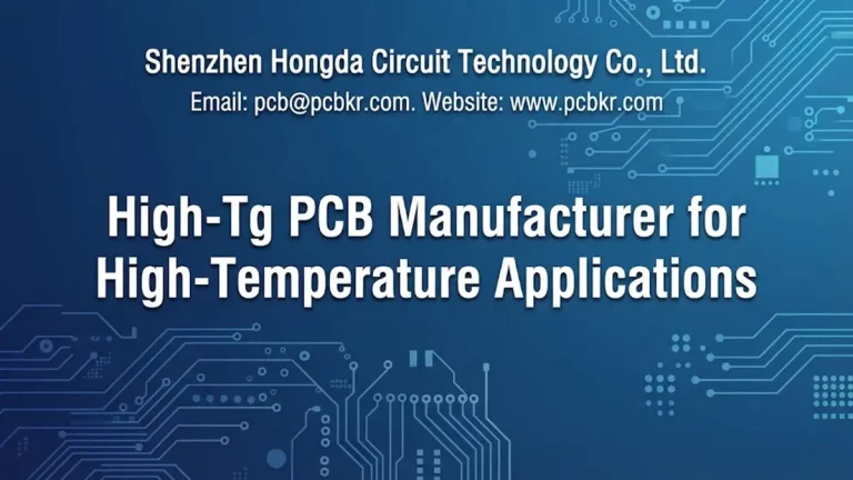 High-Tg PCB Manufacturer for High-Temperature Applications cover image featuring Shenzhen Hongda Circuit Technology Co., Ltd. contact details and circuit board background