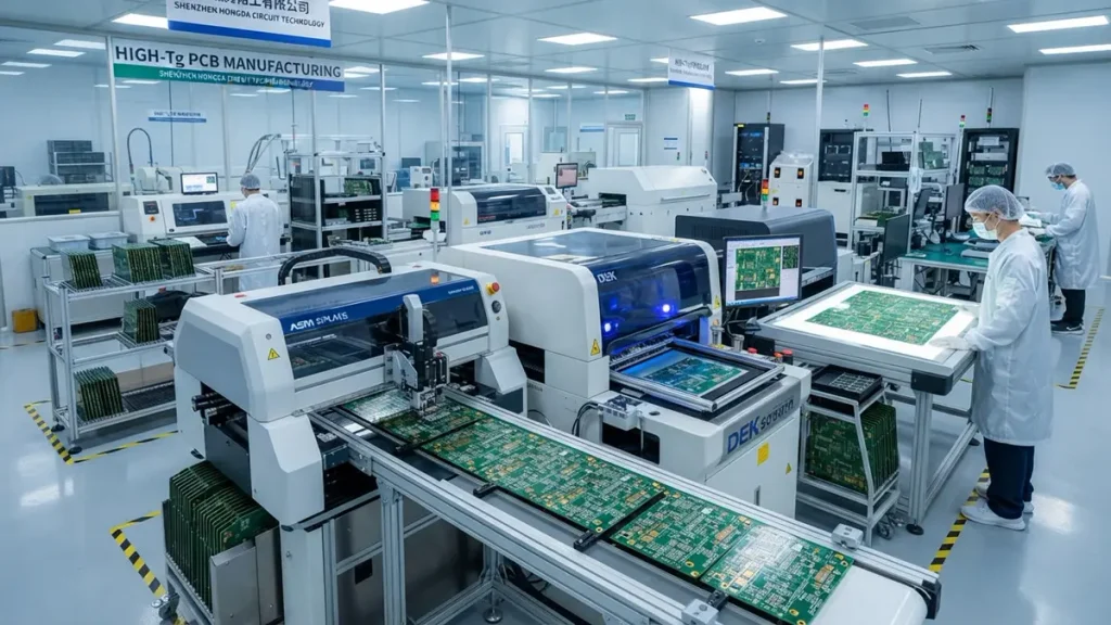 Professional cleanroom environment at a high-Tg PCB manufacturing facility showing automated assembly equipment and technicians inspecting multilayer circuit boards.