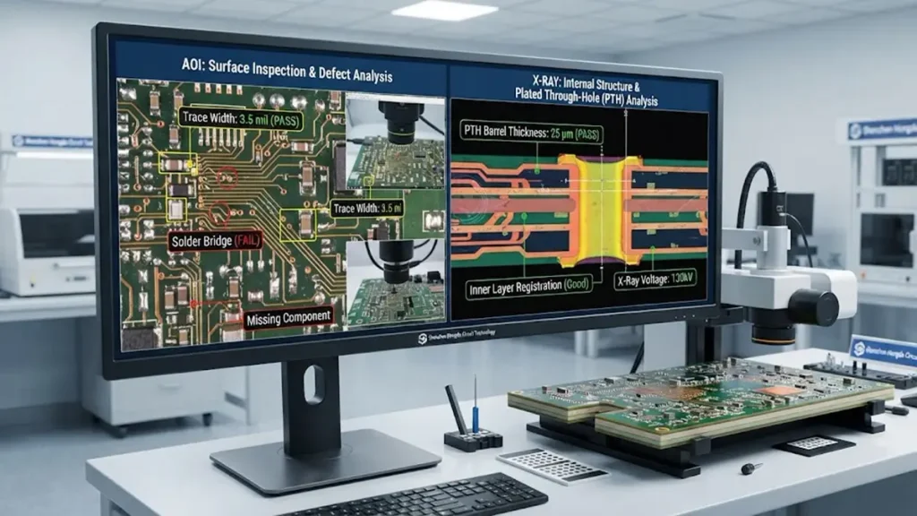 Modern industrial microscope and monitor screen displaying automated optical inspection (AOI) for surface defects and X-ray analysis of internal plated through-hole structures on a high-Tg PCB.