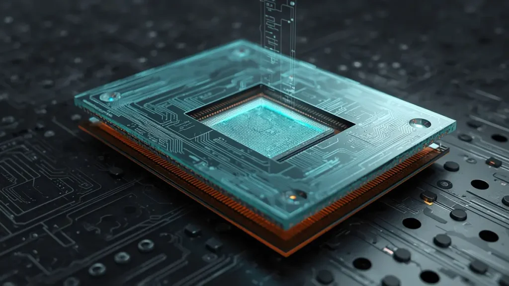3D cross-section diagram of an embedded component PCB prototype showing internal cavity design and microchip placement