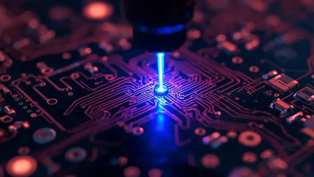 Macro photograph of high-precision UV laser drilling microvias on a high-density interconnect (HDI) PCB substrate by Shenzhen Hongda Circuit Technology
