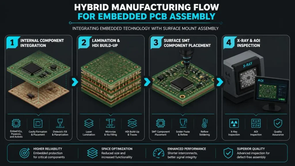A sleek 3D isometric infographic detailing the 4-step hybrid manufacturing flow for embedded PCB assembly, including internal component integration, lamination and HDI build-up, surface SMT placement, and X-ray and AOI inspection.
