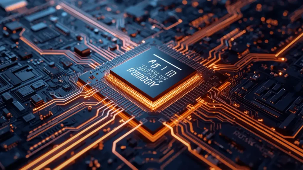 Futuristic AI GPU processor mounted on a multi-layer FC-BGA IC substrate with high-speed data signal routing