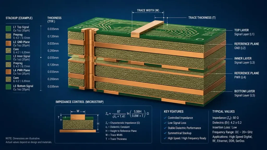 alt="Multi-layer impedance controlled PCB stackup cross-section showing trace geometry, dielectric height, and reference planes by Hongda Circuit"
