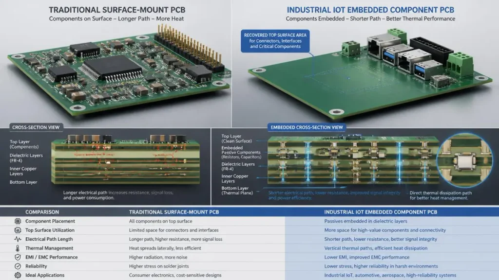 3D technical infographic comparing traditional SMT PCB with Industrial IoT embedded component PCB showing recovered top surface area and cross-section dielectric layers by Hongda Circuit.