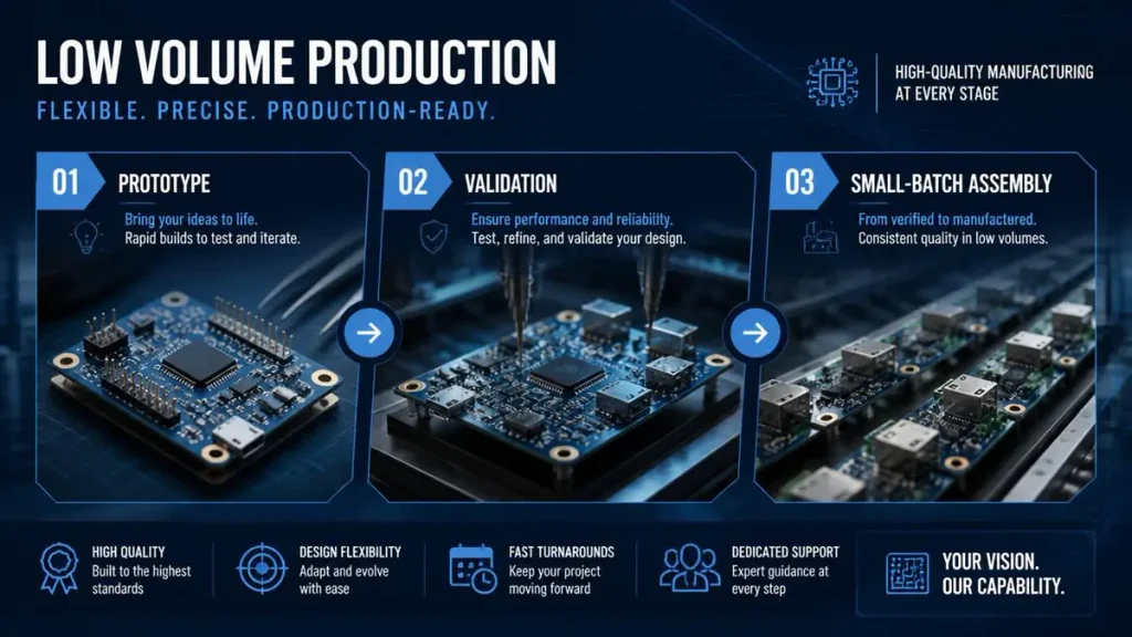Infographic showing the three stages of low volume PCB assembly: prototype, validation, and small-batch production.