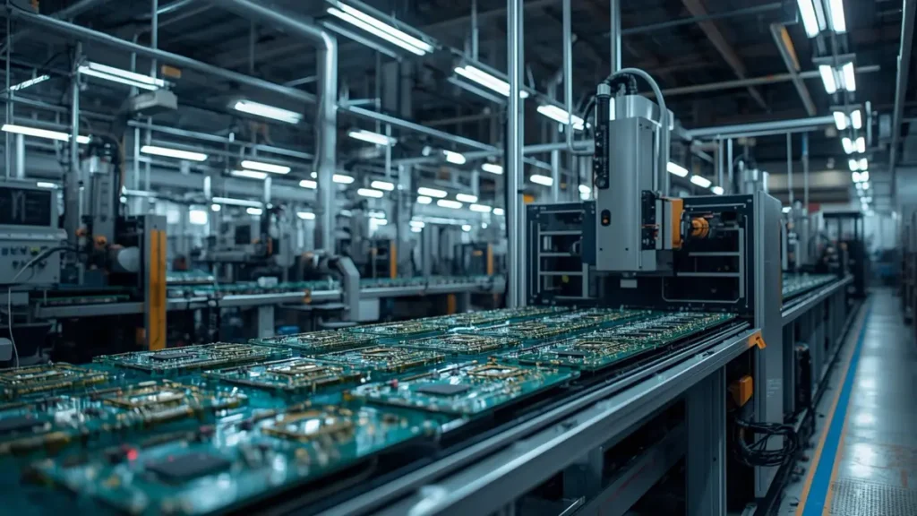 A modern PCB manufacturing factory floor showing advanced automated production equipment and multi-layer circuit boards on a production line