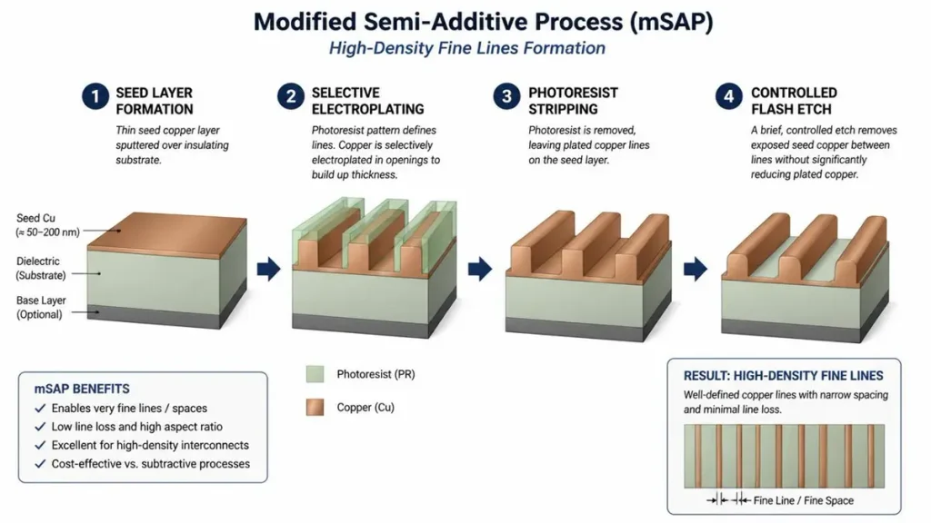 Diagram showing mSAP PCB manufacturing process steps including seed layer formation, selective electroplating, photoresist stripping, and controlled flash etching for fine line HDI circuits by Shenzhen Hongda Circuit
