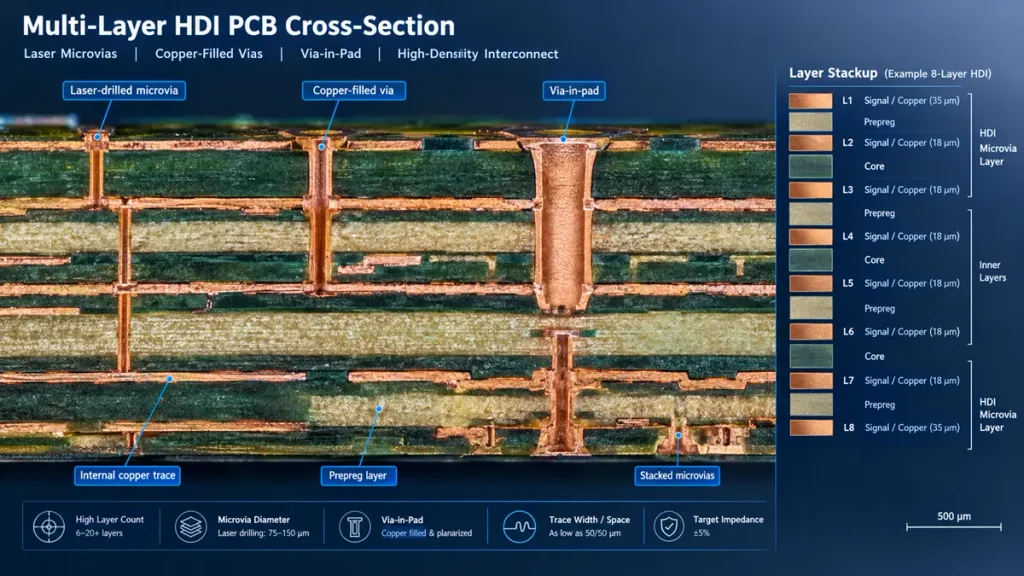Microscopic cross-section view of a multi-layer HDI PCB showing laser-drilled microvias, copper-filled vias, via-in-pad, and internal layer stackup
