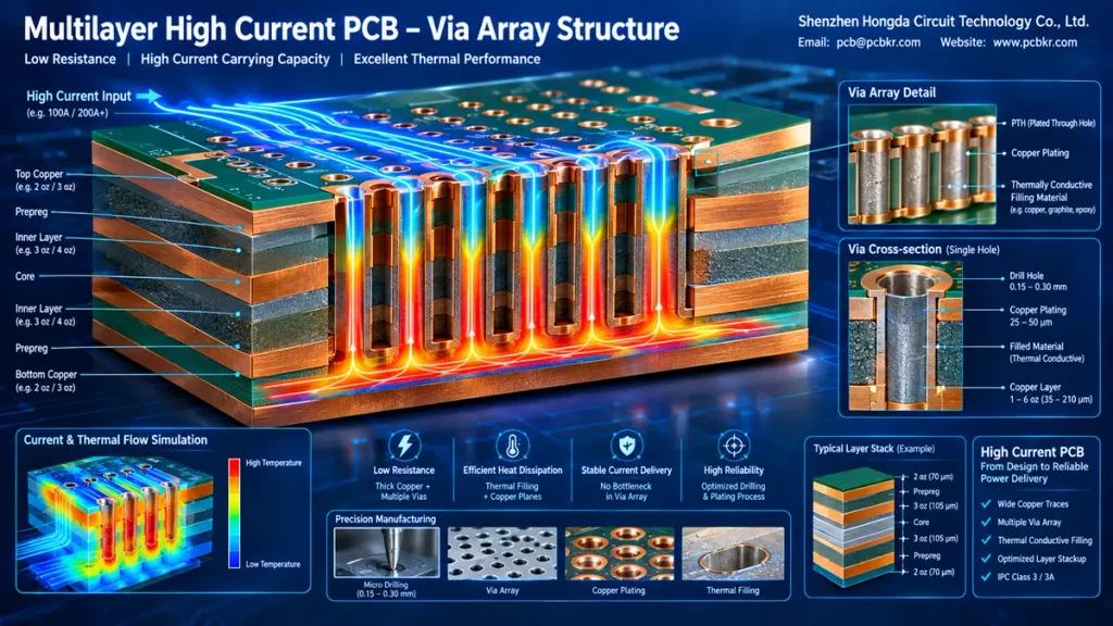 3D cross-section diagram of a multilayer High Current PCB via array structure showing parallel PTH copper plating, thermal conductive filling, layer stackup, and current flow simulation by Shenzhen Hongda Circuit Technology Co., Ltd.
