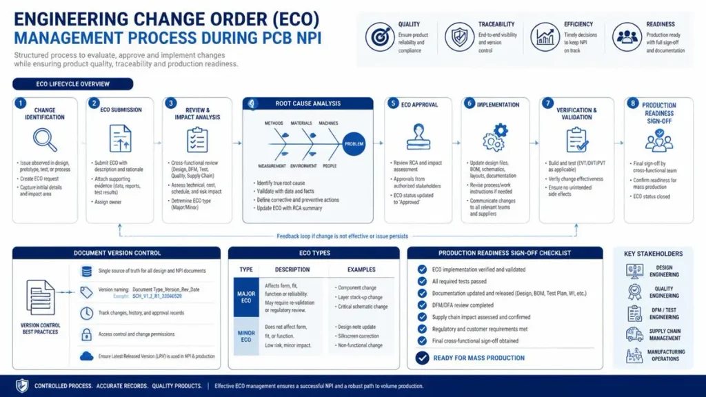 NPI Engineering infographic showing Engineering Change Order ECO management process and production readiness by Shenzhen Hongda Circuit