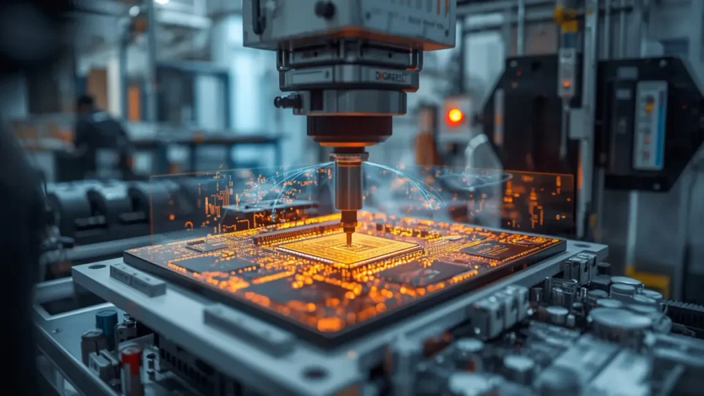 An advanced automated optical inspection (AOI) and X-ray machine testing an NPI PCB assembly with digital overlay graphics in a high-tech manufacturing facility