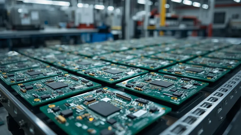 A batch of newly manufactured circuit boards ready for first article inspection, transitioning to pilot production and production ramp in an NPI PCB assembly facility