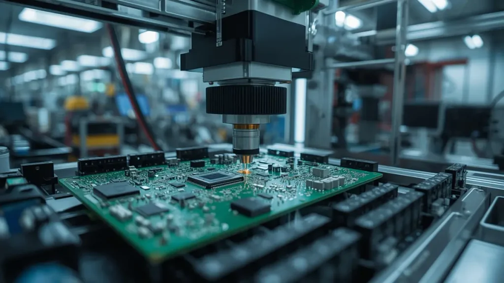 Professional industrial SMT assembly line and pick-and-place machine placing components on an NPI PCB assembly board