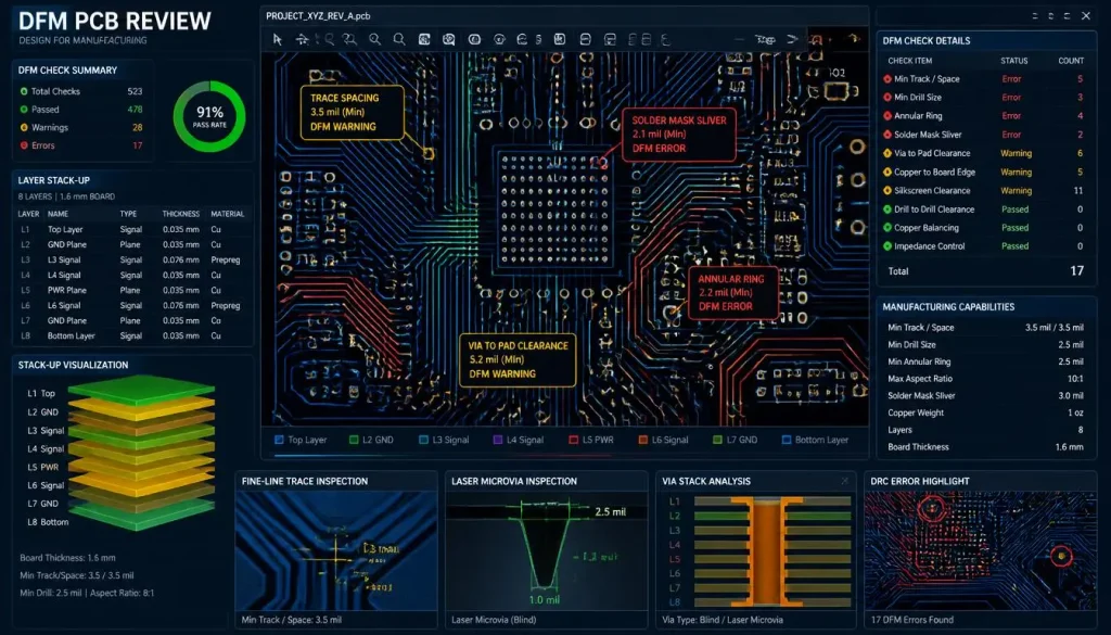 NPI PCB Prototype Manufacturing DFM review interface showing stack-up analysis, trace inspection, and error-checking by Hongda Circuit