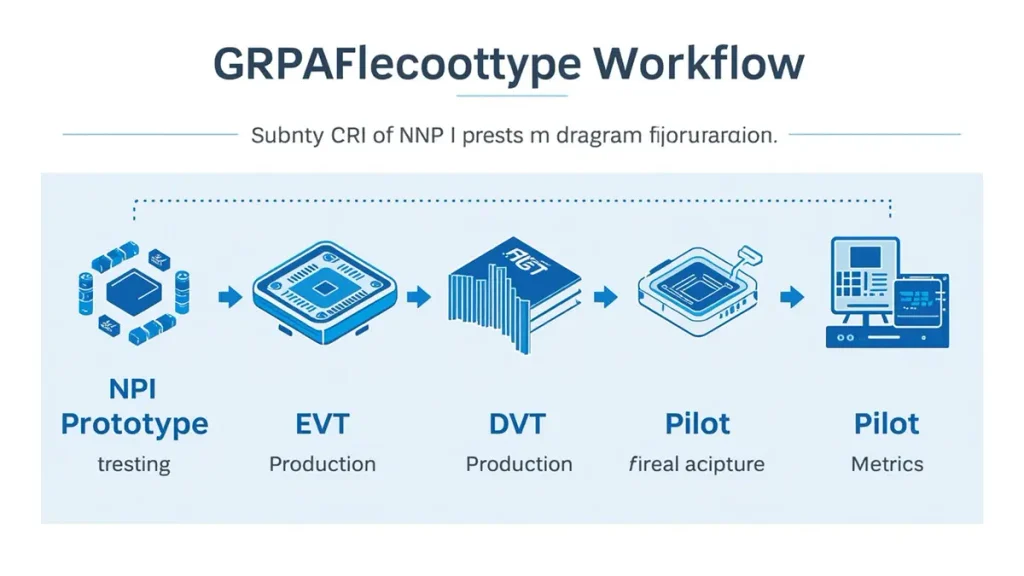 NPI PCB Prototype Manufacturing workflow chart showing transition from prototype to EVT, DVT, and pilot production by Hongda Circuit