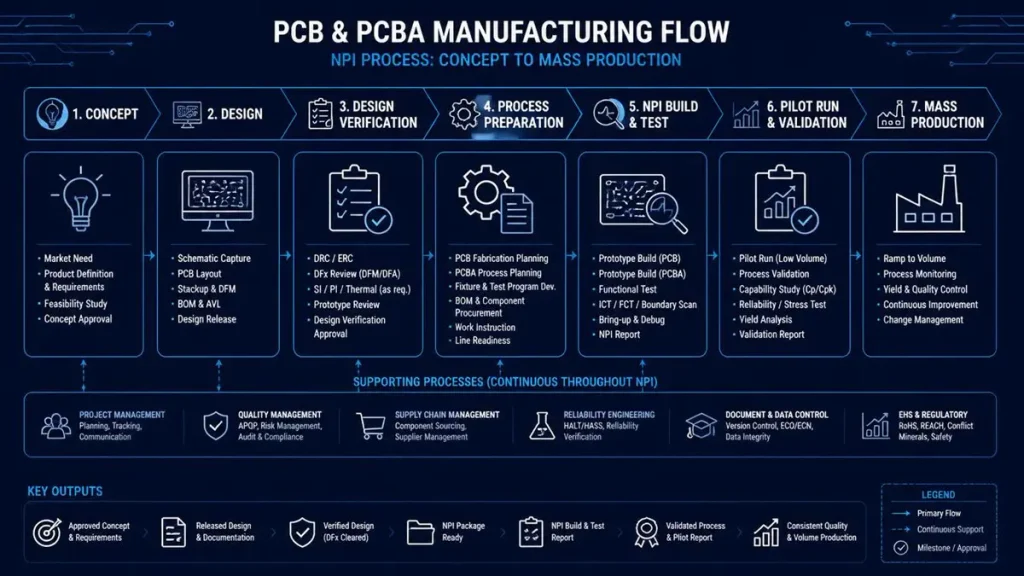A professional engineering flowchart diagram for PCB and PCBA manufacturing, showing the NPI process from concept to mass production