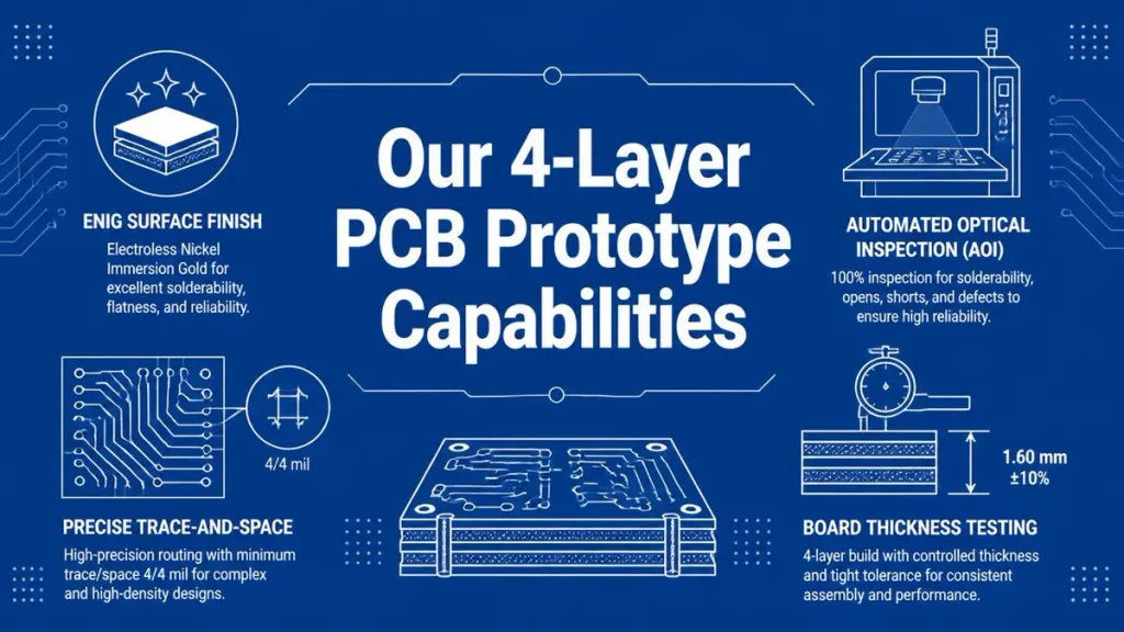 Our 4-Layer PCB Prototype capabilities including ENIG finish, AOI inspection, precise trace routing, and board thickness testing