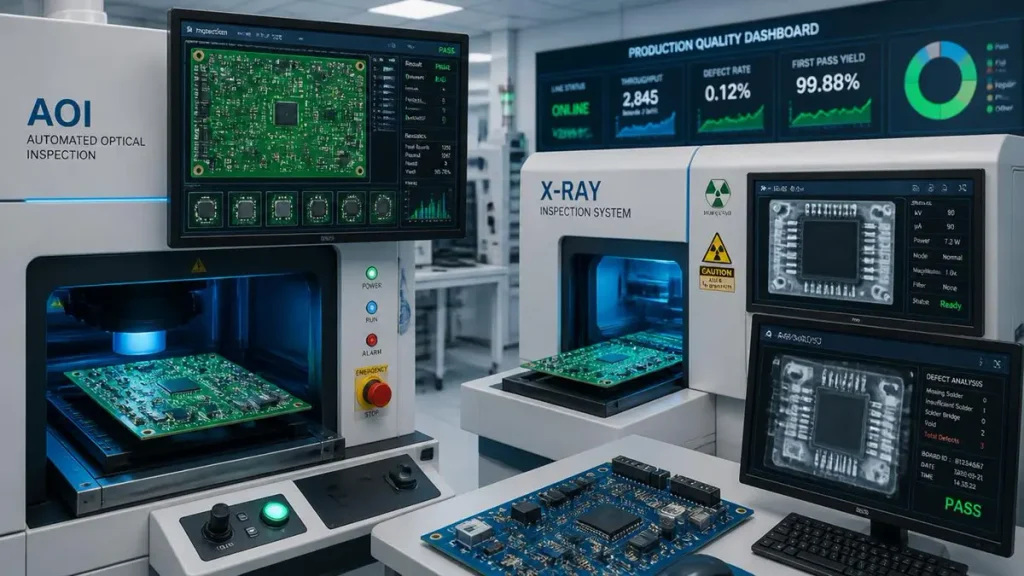 A high-tech quality control laboratory showcasing automated optical inspection (AOI) and X-ray testing systems scanning printed circuit boards with high-resolution screens displaying circuit diagnostics