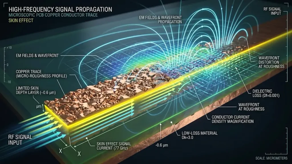 High-tech 3D render showing high-frequency signal propagation, electromagnetic field lines, and skin effect on a PCB copper conductor trace with microscopic surface roughness.