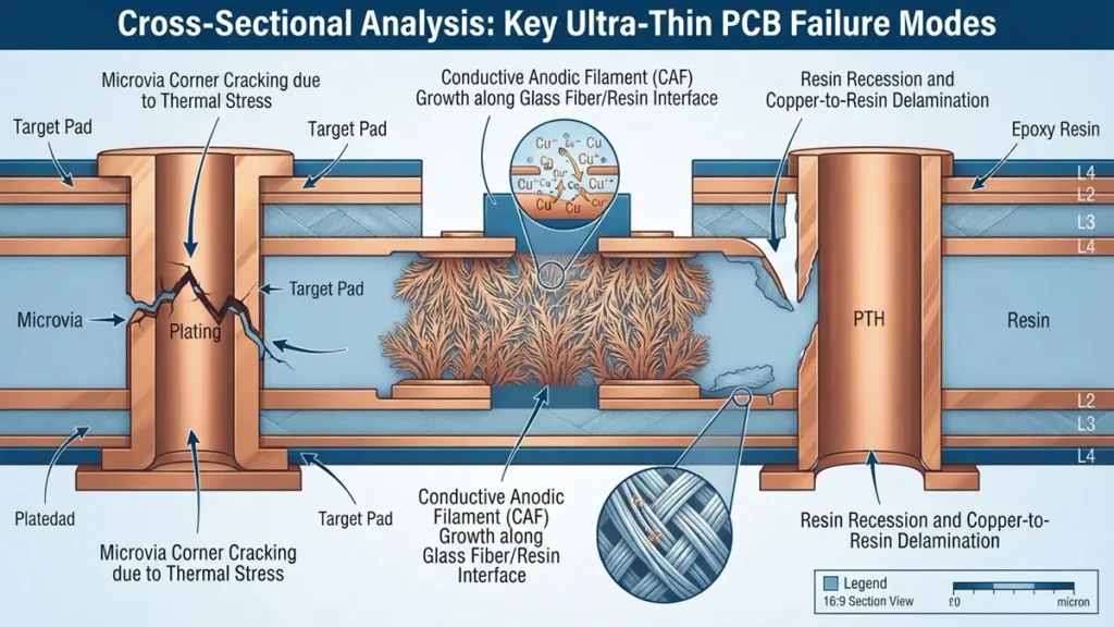 Detailed scientific cross-section diagram of PCB failure modes illustrating conductive anodic filament (CAF) growth, microvia corner cracking due to thermal stress, and resin recession, in an educational engineering style provided by Shenzhen Hongda Circuit