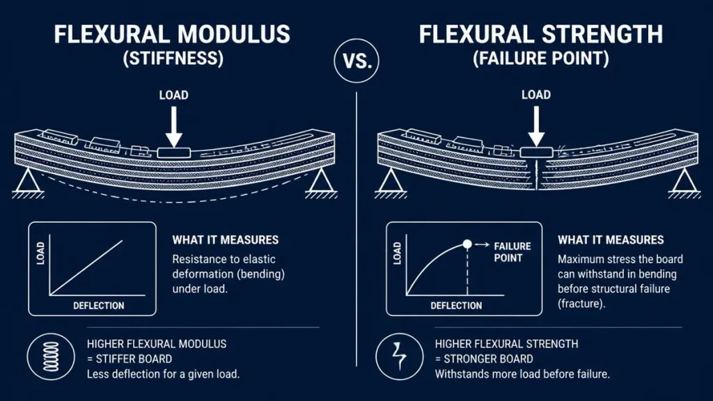 Comparison between PCB flexural modulus (elastic stiffness) and flexural strength (failure load point) under mechanical stress.
