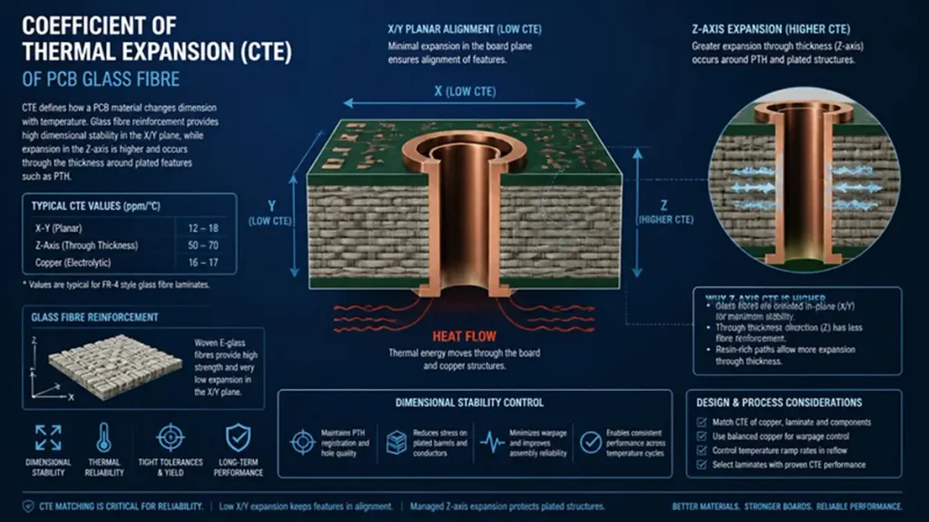 Technical diagram explaining PCB glass fibre CTE, comparing X/Y planar alignment with Z-axis thermal expansion around a plated through-hole.