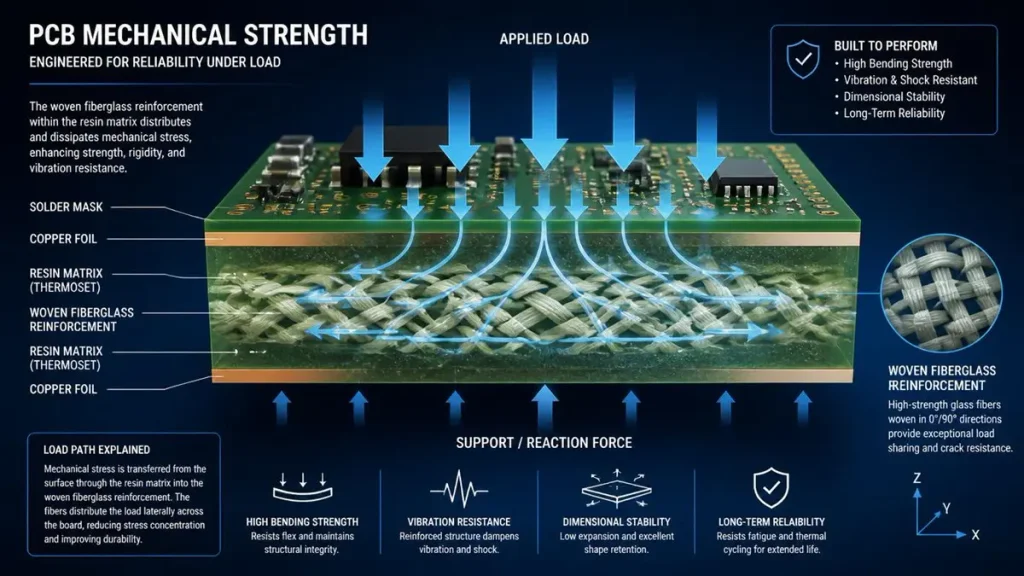 3D cross-section diagram showing how PCB glass fibre reinforcement distributes mechanical strength, vibration resistance, and load path under stress.