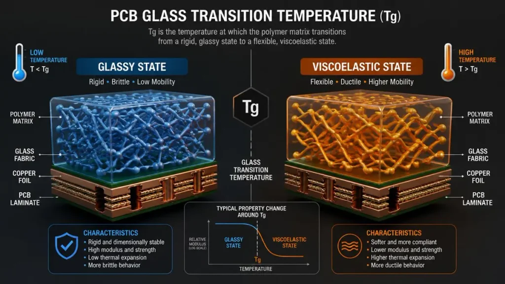 3D diagram illustrating PCB glass transition temperature (Tg), comparing glassy state below Tg and viscoelastic state above Tg with polymer matrix and laminate structure.