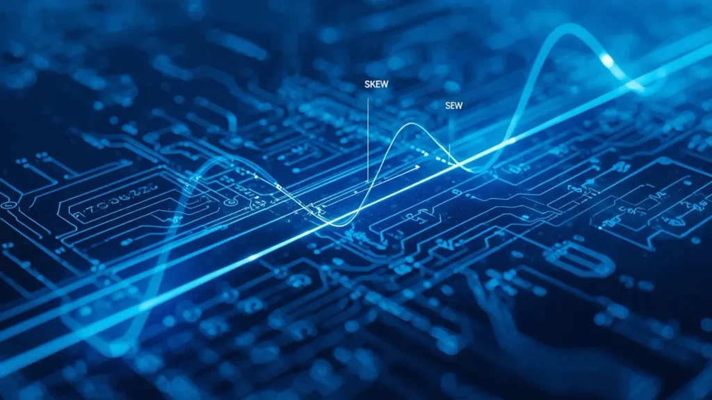 Technical graphic showing high-speed signal waves and skew variations across PCB glass weave fabric.