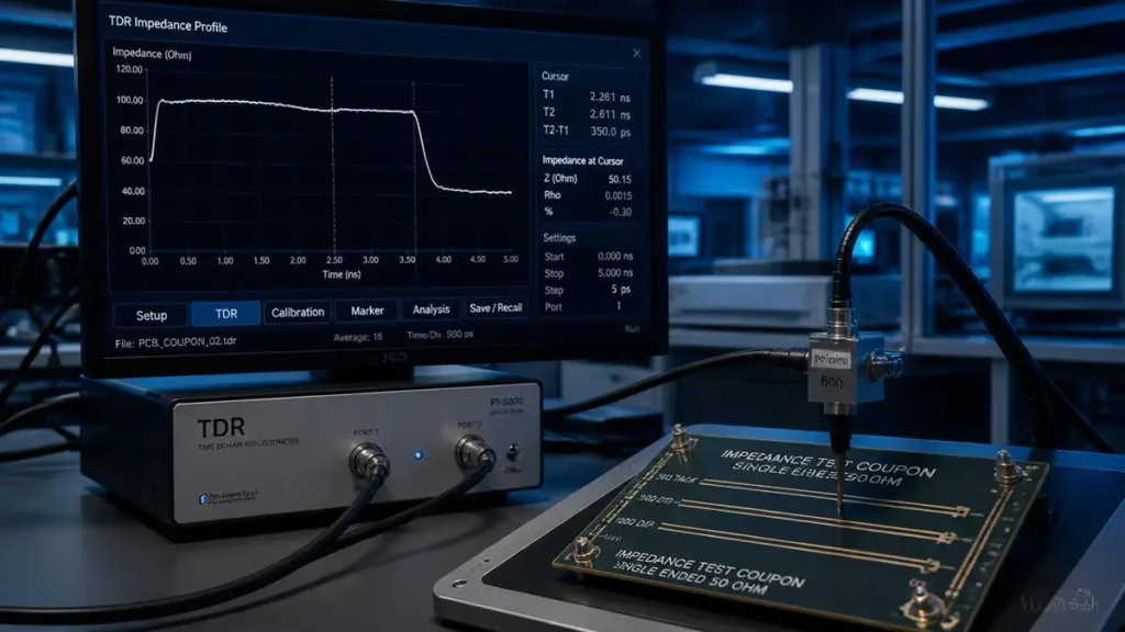 High-precision TDR testing setup analyzing PCB impedance test coupon and profile curves in an advanced electronics manufacturing lab by Hongda Circuit