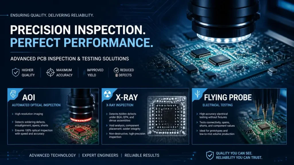 Infographic illustrating low volume PCB assembly inspection and testing methods including AOI, X-ray inspection, and flying probe testing.