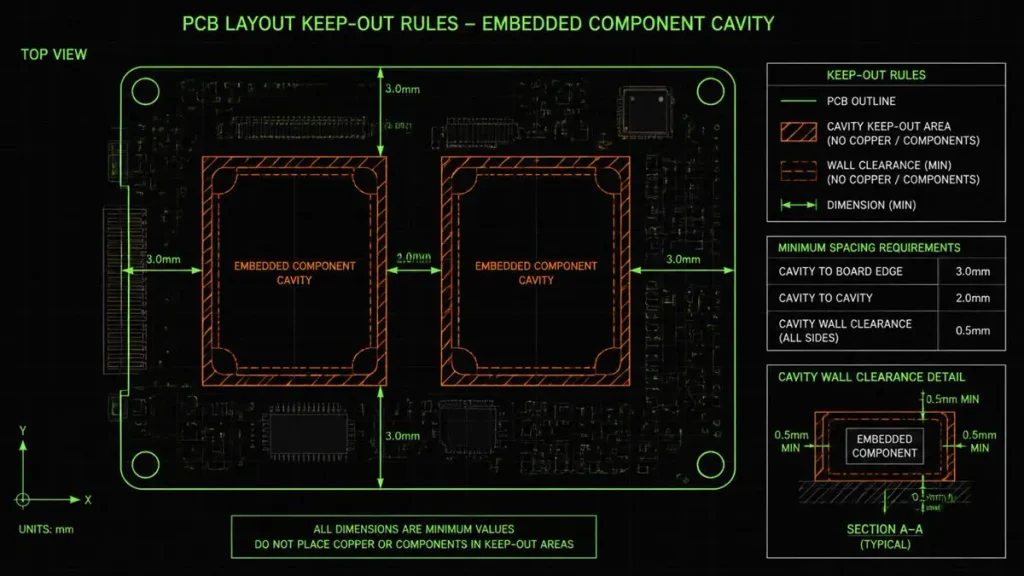 Top-view CAD design schematic showing PCB layout keep-out rules for embedded component cavities, highlighting 3.0mm board edge spacing, 2.0mm cavity-to-cavity spacing, and 0.5mm wall clearances