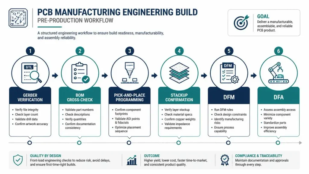 A technical infographic showing the 6-step pre-production workflow for PCB manufacturing engineering build, including Gerber verification, BOM cross-check, pick-and-place programming, stackup confirmation, DFM, and DFA